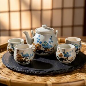 Vintage Japanese Stoneware Tea Set – Hand-Painted Floral Design – 5-Piece